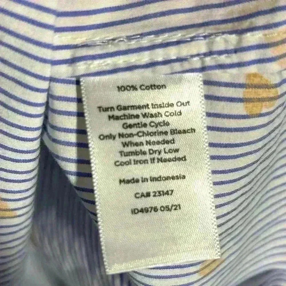 Talbots Button Up, Ruffle detail, Blue/White Stripe with Gold Hearts. Size Large - Picture 12 of 13